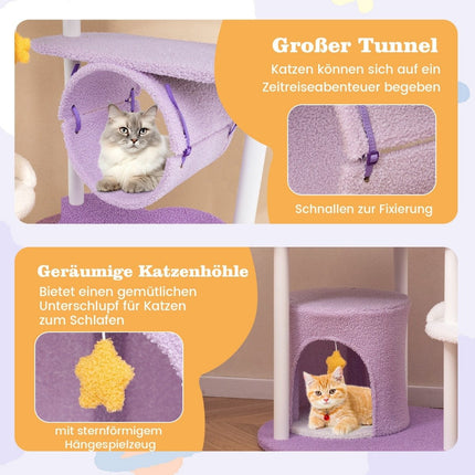 Scratching post 158 cm cat tree with cat cave tunnel hanging toy & large moon-shaped lying surface purple + white