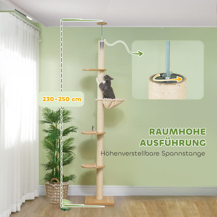 Târgâitură, zgârietură pisică înălțime de tavan, 230-250 cm, arbore de cățărat cu hamac, arbore de pisică reglabil pe înălțime, arbore de joacă cu protecție vârf, pluș, stejar + alb crem