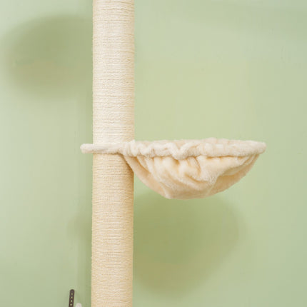 Târgâitură, zgârietură pisică înălțime de tavan, 230-250 cm, arbore de cățărat cu hamac, arbore de pisică reglabil pe înălțime, arbore de joacă cu protecție vârf, pluș, stejar + alb crem