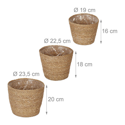 Set de jardiniere cu iarbă de mare - 3 ghivece de interior din răchită