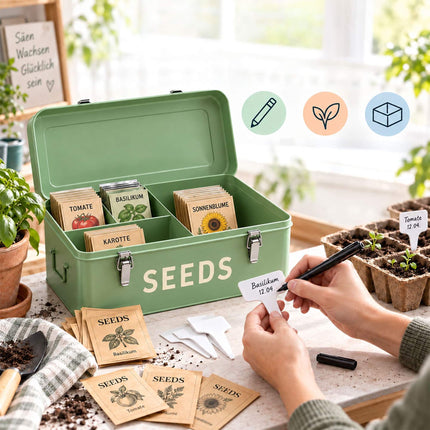 Seed Storage Box with 3 Compartments, 30 Seed Packets, 30 Plant Labels, Sage