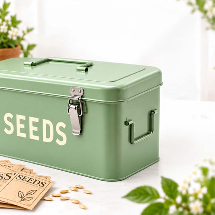Seed Storage Box with 3 Compartments, 30 Seed Packets, 30 Plant Labels, Sage