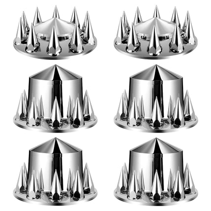 Semi Truck Axle Covers, 6 Piece Spiked Front and Rear Kit, ABS, Silver