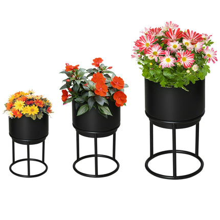 Set De 3 Suporturi De Flori Cu Ghiveci De Flori, Set Suport Plante Metal, Scaun De Flori În Negru, Stivuibil