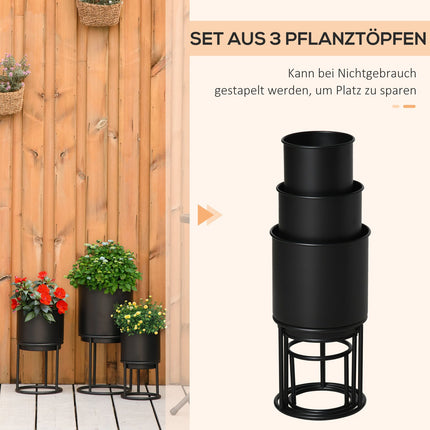 Set De 3 Suporturi De Flori Cu Ghiveci De Flori, Set Suport Plante Metal, Scaun De Flori În Negru, Stivuibil