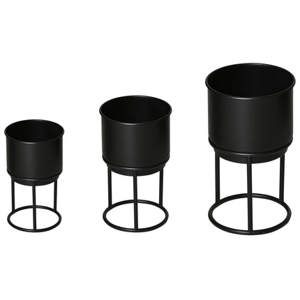 Set De 3 Suporturi De Flori Cu Ghiveci De Flori, Set Suport Plante Metal, Scaun De Flori În Negru, Stivuibil
