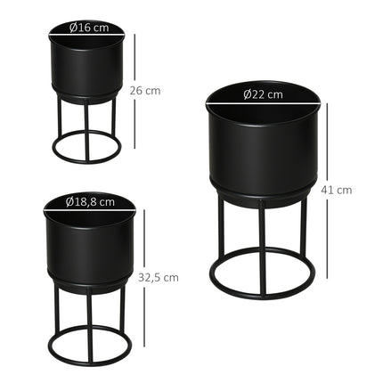 Set De 3 Suporturi De Flori Cu Ghiveci De Flori, Set Suport Plante Metal, Scaun De Flori În Negru, Stivuibil