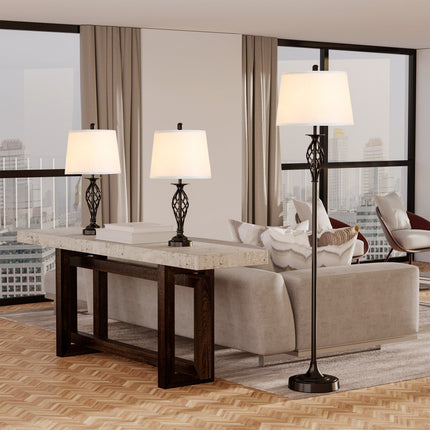Vintage black & white lamp set - 2 tables, 1 floor lamp
