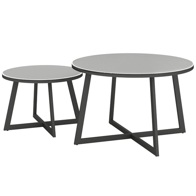 Set de 2 mese laterale Masa de gradina stivuibila Masa rotunda rezistenta la intemperii pentru balcon cu X-picioare Blat din sticla Masuta de camping din otel Masuta de cafea pentru living, birou, exterior, interior, negru + gri |