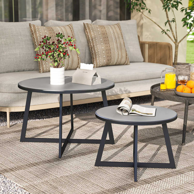 Set de 2 mese laterale Masa de gradina stivuibila Masa rotunda rezistenta la intemperii pentru balcon cu X-picioare Blat din sticla Masuta de camping din otel Masuta de cafea pentru living, birou, exterior, interior, negru + gri |