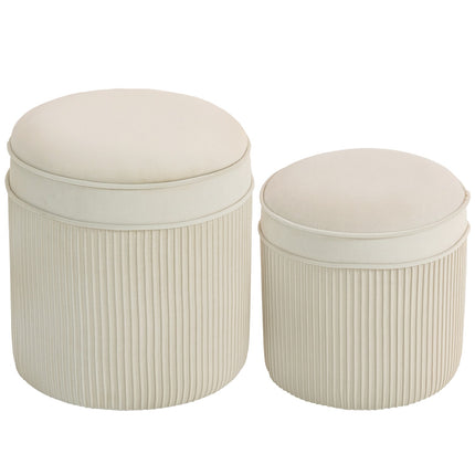 Set de 2 otomane de depozitare, catifea rotundă, crem, 36x36x41,5 cm