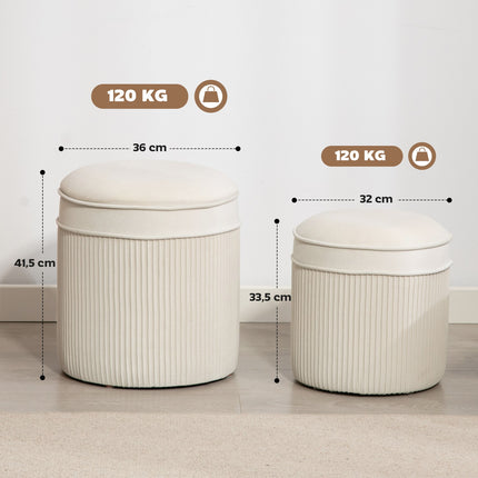 Set de 2 otomane de depozitare, catifea rotundă, crem, 36x36x41,5 cm