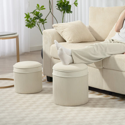Set de 2 otomane de depozitare, catifea rotundă, crem, 36x36x41,5 cm