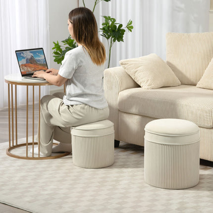 Set de 2 otomane de depozitare, catifea rotundă, crem, 36x36x41,5 cm