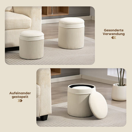 Set de 2 otomane de depozitare, catifea rotundă, crem, 36x36x41,5 cm
