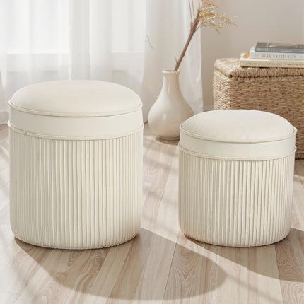 Set de 2 otomane de depozitare, catifea rotundă, crem, 36x36x41,5 cm