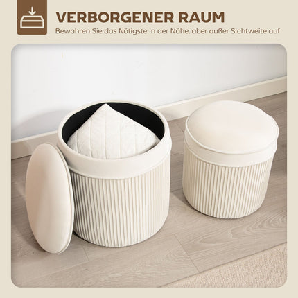 Set de 2 otomane de depozitare, catifea rotundă, crem, 36x36x41,5 cm