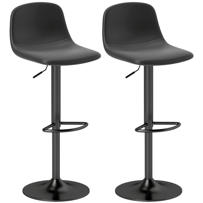 Set 2 scaune de bar, scaune de bar cu tapițerie din piele artificială, pivotante, cu spătar și suport pentru picioare, bază metalică, negru