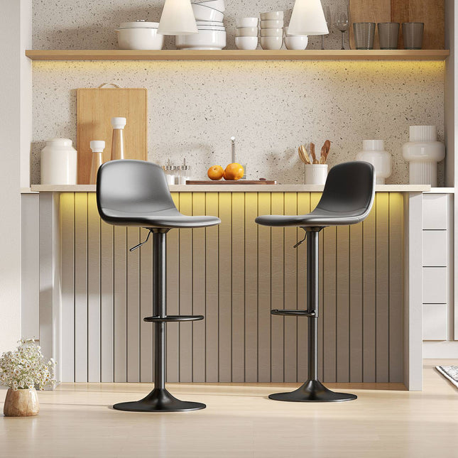 Set 2 scaune de bar, scaune de bar cu tapițerie din piele artificială, pivotante, cu spătar și suport pentru picioare, bază metalică, negru