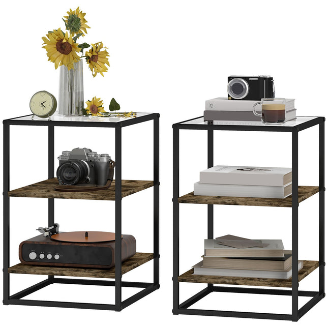Set 2 masute de cafea, masute laterale cu blat din sticla, masuta living cu 3 nivele, masuta canapea pentru living, dormitor, hol, 37 x 40 x 55,5 cm, maro rustic