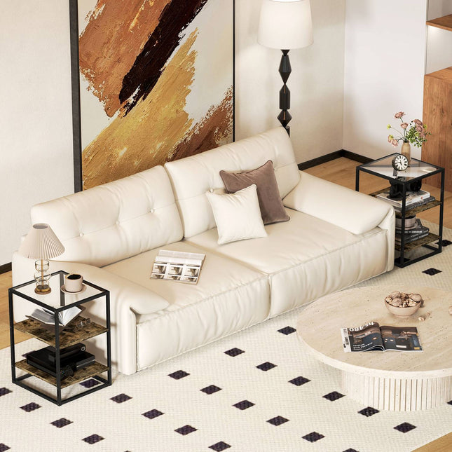 Set 2 masute de cafea, masute laterale cu blat din sticla, masuta living cu 3 nivele, masuta canapea pentru living, dormitor, hol, 37 x 40 x 55,5 cm, maro rustic