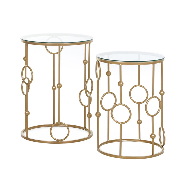 Set 2 masute de cafea, masute laterale cu blat din sticla, masute de living cu design cerc si bila Ø41 x 57 cm, auriu