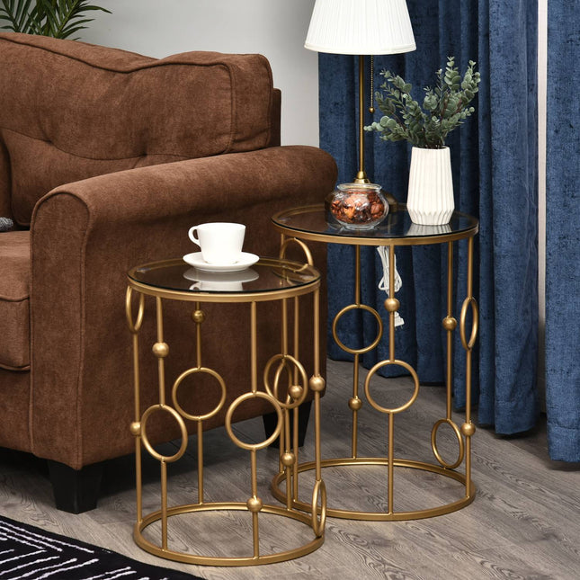 Set 2 masute de cafea, masute laterale cu blat din sticla, masute de living cu design cerc si bila Ø41 x 57 cm, auriu