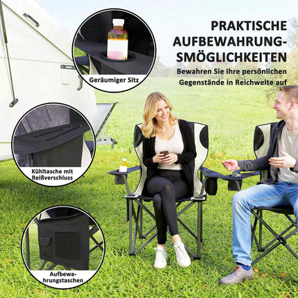 Set 2 scaune de camping pliabile cu cotiere, suport pentru bauturi, tetiera, geanta frigorifica, scaun pliabil pentru exterior, capacitate de incarcare pana la 120 kg, scaun de pescuit captusit, scaun de gradina pentru camping in gradina