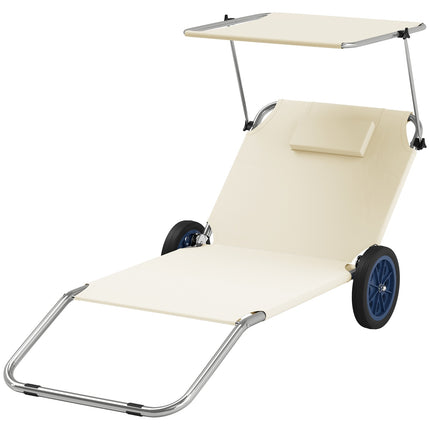 Set 2 șezlonguri pliabile, șezlonguri de grădină cu acoperiș cu pernă, șezlonguri rulante cu spătar reglabil, șezlonguri de camping rezistente la intemperii, scaune de grădină pot susține până la 120 kg, pentru piscină de grădină, bej Aos