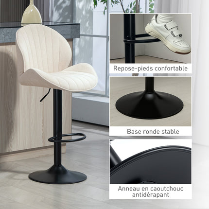 Set 2 scaune de bar in forma de scoica cu spatar si suport pentru picioare reglabile, cadru din otel, bej