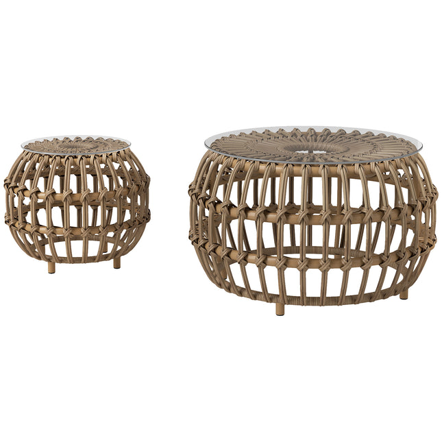 Set 2 mese laterale din polirattan Ø66/42 cm masa rotunda rezistenta la intemperii cu blat din sticla masa balcon exterior masuta cafea mobilier gradina gradina, balcon maro |