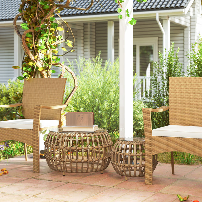 Set 2 mese laterale din polirattan Ø66/42 cm masa rotunda rezistenta la intemperii cu blat din sticla masa balcon exterior masuta cafea mobilier gradina gradina, balcon maro |
