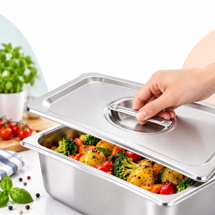 Set of 3 GN 1/4 Gastronorm Trays with Lids, 10 cm Deep, Stainless Steel