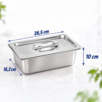 Set of 3 GN 1/4 Gastronorm Trays with Lids, 10 cm Deep, Stainless Steel