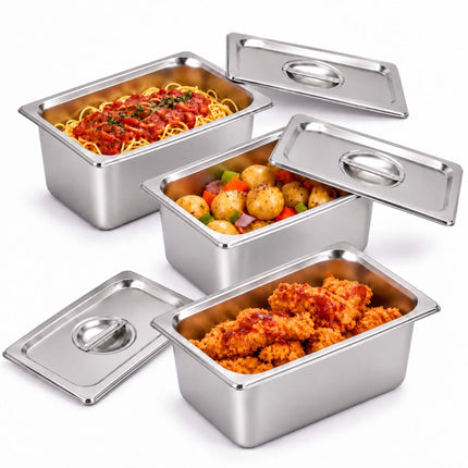 Set of 3 GN 1/4 Gastronorm Trays with Lids, 15 cm Deep, Stainless Steel