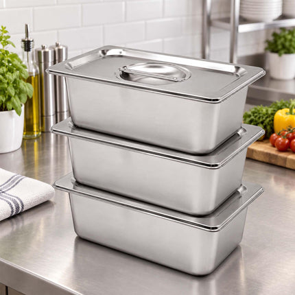 Set of 3 GN 1/4 Gastronorm Trays with Lids, 15 cm Deep, Stainless Steel