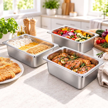 Set of 3 GN 1/4 Gastronorm Trays with Lids, 15 cm Deep, Stainless Steel