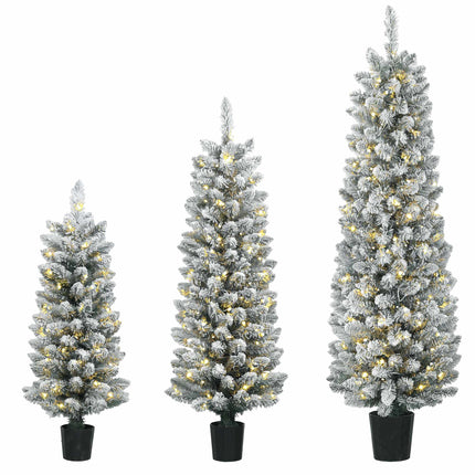 Set of 3 Snow-Flocked LED Christmas Trees 90/120/150 cm, Slim, 8 Light Modes