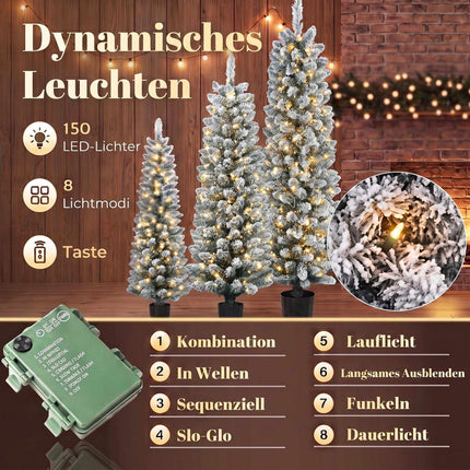 Set of 3 Snow-Flocked LED Christmas Trees 90/120/150 cm, Slim, 8 Light Modes