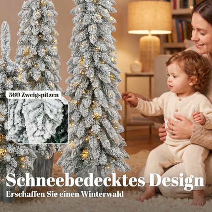 Set of 3 Snow-Flocked Pre-Lit Pencil Christmas Trees, 90/120/150 cm, Silver Pots