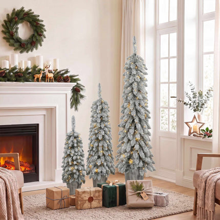 Set of 3 Snow-Flocked Pre-Lit Pencil Christmas Trees, 90/120/150 cm, Silver Pots