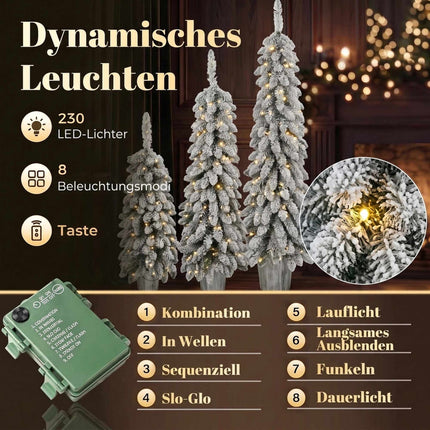 Set of 3 Snow-Flocked Pre-Lit Pencil Christmas Trees, 90/120/150 cm, Silver Pots