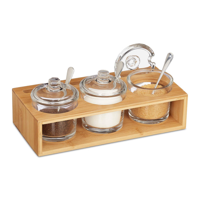 Set de 3 borcane de condimente cu suport din bambus