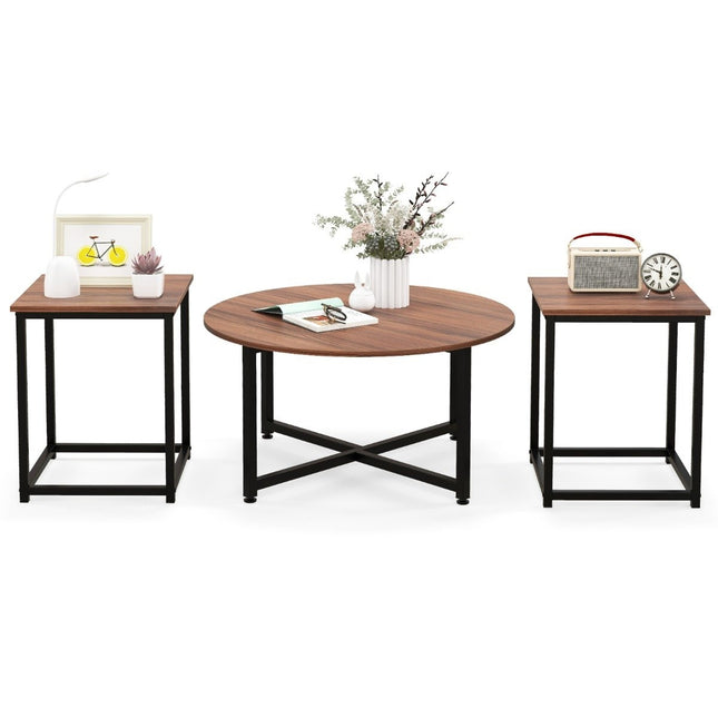 Set 3 masute de cafea cu cadru metalic robust, masuta de cafea rotunda si 2 masute laterale patrate, maro