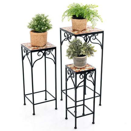 Set 3 suporturi metalice pentru plante cu faianta mozaic jardiniere incasabile galben 28/23/18cm