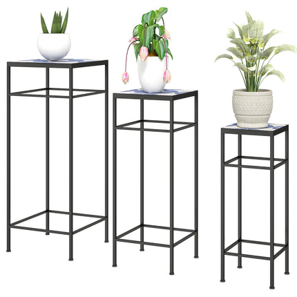 Set 3 suporturi pentru plante, suport pentru flori inaltime 71 cm pentru uz interior, raft pentru plante din metal, 3 rafturi pentru flori de dimensiuni diferite, taburete pentru flori, suporturi pentru ghivece pentru living gradina balcon albastru + alb