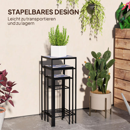 Set 3 suporturi pentru plante, suport pentru flori inaltime 71 cm pentru uz interior, raft pentru plante din metal, 3 rafturi pentru flori de dimensiuni diferite, taburete pentru flori, suporturi pentru ghivece pentru living gradina balcon albastru + alb