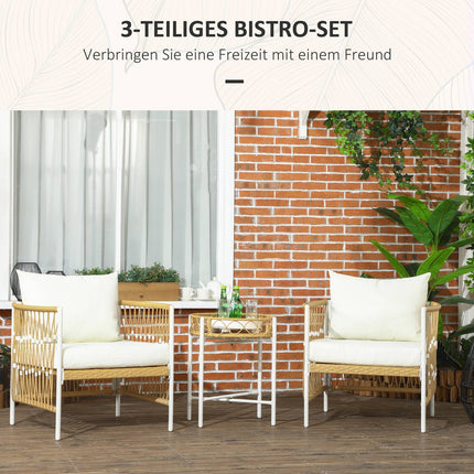 Set 3 mobilier de gradina din ratan cu 2 scaune de gradina si masuta de cafea, mobilier de balcon cu perne, pentru balcon si terasa, galben si crem
