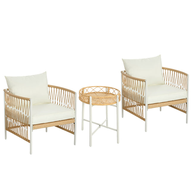Set 3 mobilier de gradina din ratan cu 2 scaune de gradina si masuta de cafea, mobilier de balcon cu perne, pentru balcon si terasa, galben si crem