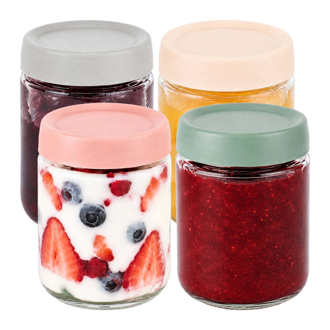 Set de 4 borcane de sticlă pentru gem, 450 ml, capace pastelate